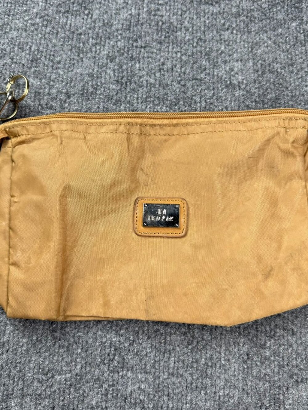 JM New York Tan Nylon Cosmetic Makeup Pouch Travel Zipper Bag 10"x6" Stained